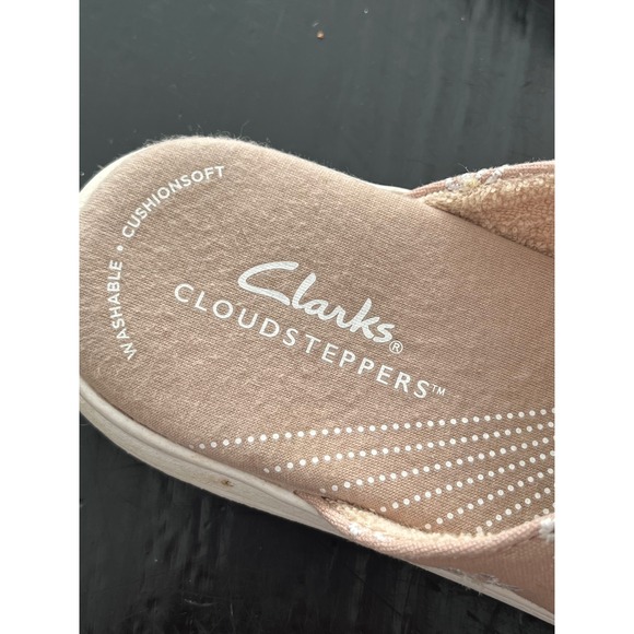 Clarks Cloudsteppers Breeze Shore mules taupe canvas & white daisy pattern US 8 - Picture 7 of 9